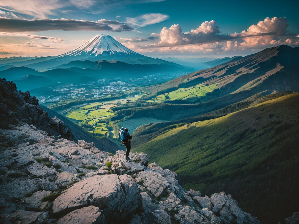 (Realistic:1.37),photograph,landscape,Mountaineering,Man climbing Mount Fuji,Climbing Gear,Dramatic lighting,Colorful cloudy sky,A sense of adventure,Blurred Background,Strong determination,Wide-angle lens,Rocky terrain,Nice views,Endless Horizon,Quiet Solitude,Graceful Movement,The pinnacle of achievement,Natural beauty,Serene atmosphere,Sweat and patience,top conqueror,Awe-inspiring views,Expedition preparation,Unwavering focus,Wilderness Exploration,dreamlike landscape,unforgettable journey,infinite possibilities,Immerse yourself in nature,Indomitable spirit,Awestruck observers,Unparalleled strength,The invisible height,Quiet Escape.