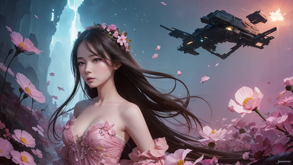 32k, Masterpiece, Highest quality, One girl, Detailed eyes, flower,Sandersonia, Pink and brown style,A dreamy, romantic piece,Pale pink, Mysterious Leaves,A playful arrangement,Fantasy,High Contrast,Ink strokes,explosion,Exposure, Impression of pink and brown tones,Abstract,((Watercolours by John Berkey and Jeremy Mann )) Brush strokes,Negative Space, Tyndall effect,