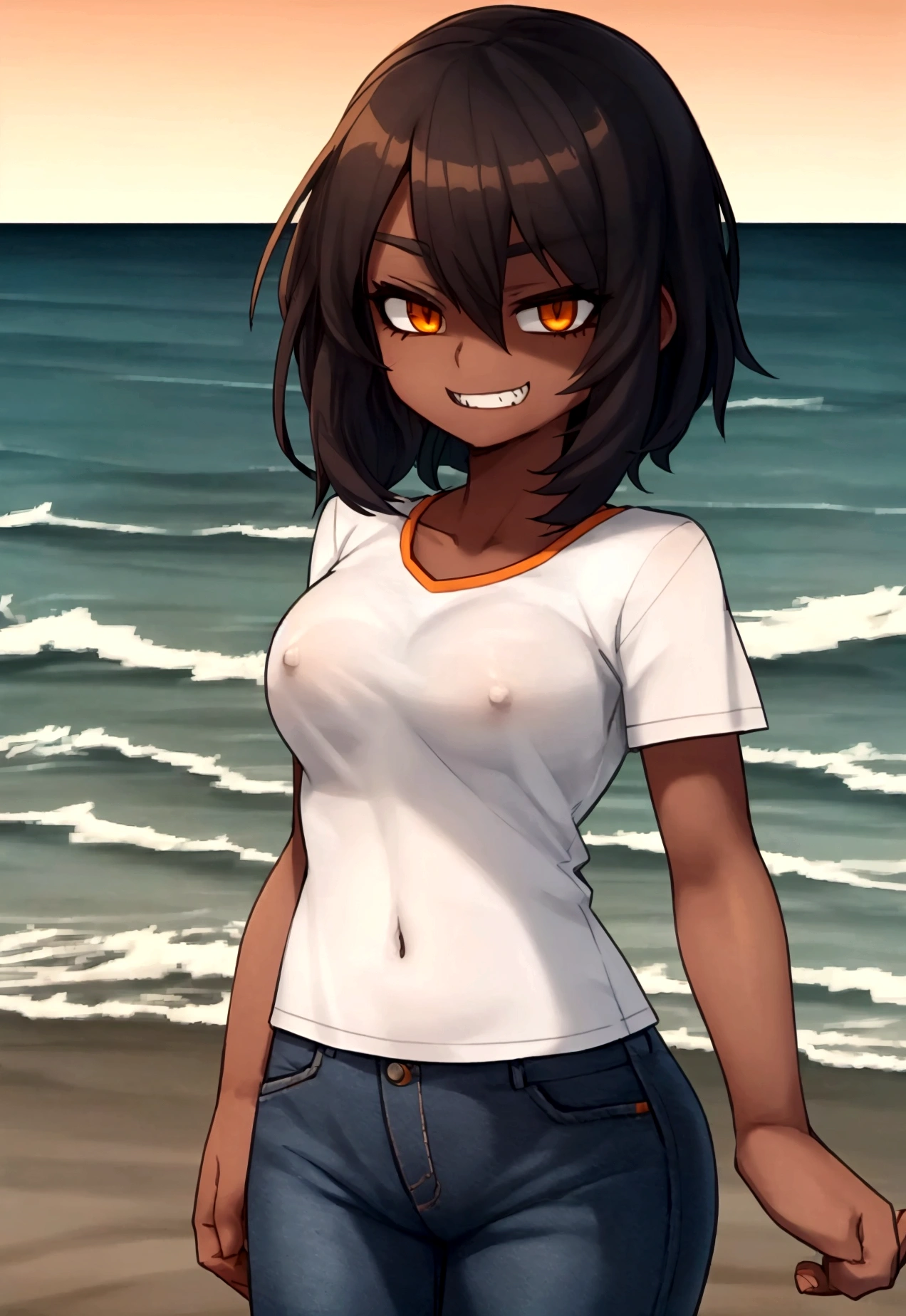 A cute tomboy girl with dark skin, medium breasts, strong abs, wearing a white shirt and jeans, smirking and showing sharp teeth, the shirt is soaked and revealing brown nipples, beach background with a orange sunset, highly detailed, anime style, 4k, best quality, masterpiece, 8k, ultra detailed anime, perfect anime style.