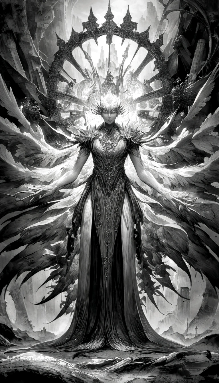 Chinese style，Medium shot scenes，A Taoist priest stood in front of a giant firebird with its wings spread，Reach out，Long, messy hair，Glow effect，Surreal，Ultra-photorealism，Chinese black and white ink style，Silver，Decolorization，Dirt，ink，8k，Ultra-fine，high quality，OC Renderer