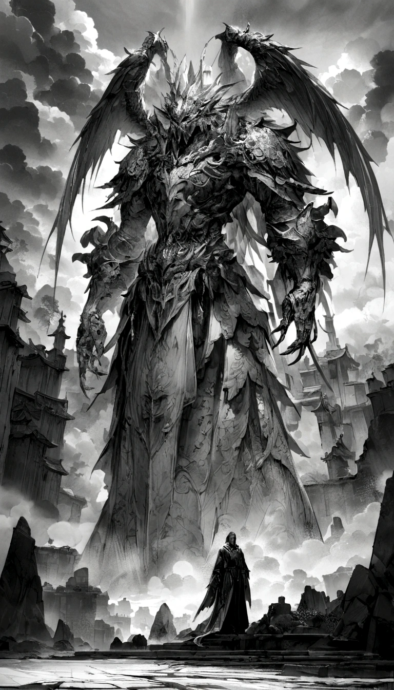 Chinese style,Medium shot scenes,A Taoist priest stood in front of a giant firebird with its wings spread,Reach out,Long, messy hair,Glow effect,Surreal,Ultra-photorealism,Chinese black and white ink style,Silver,Decolorization,Dirt,ink,8k,Ultra-fine,high quality,OC Renderer