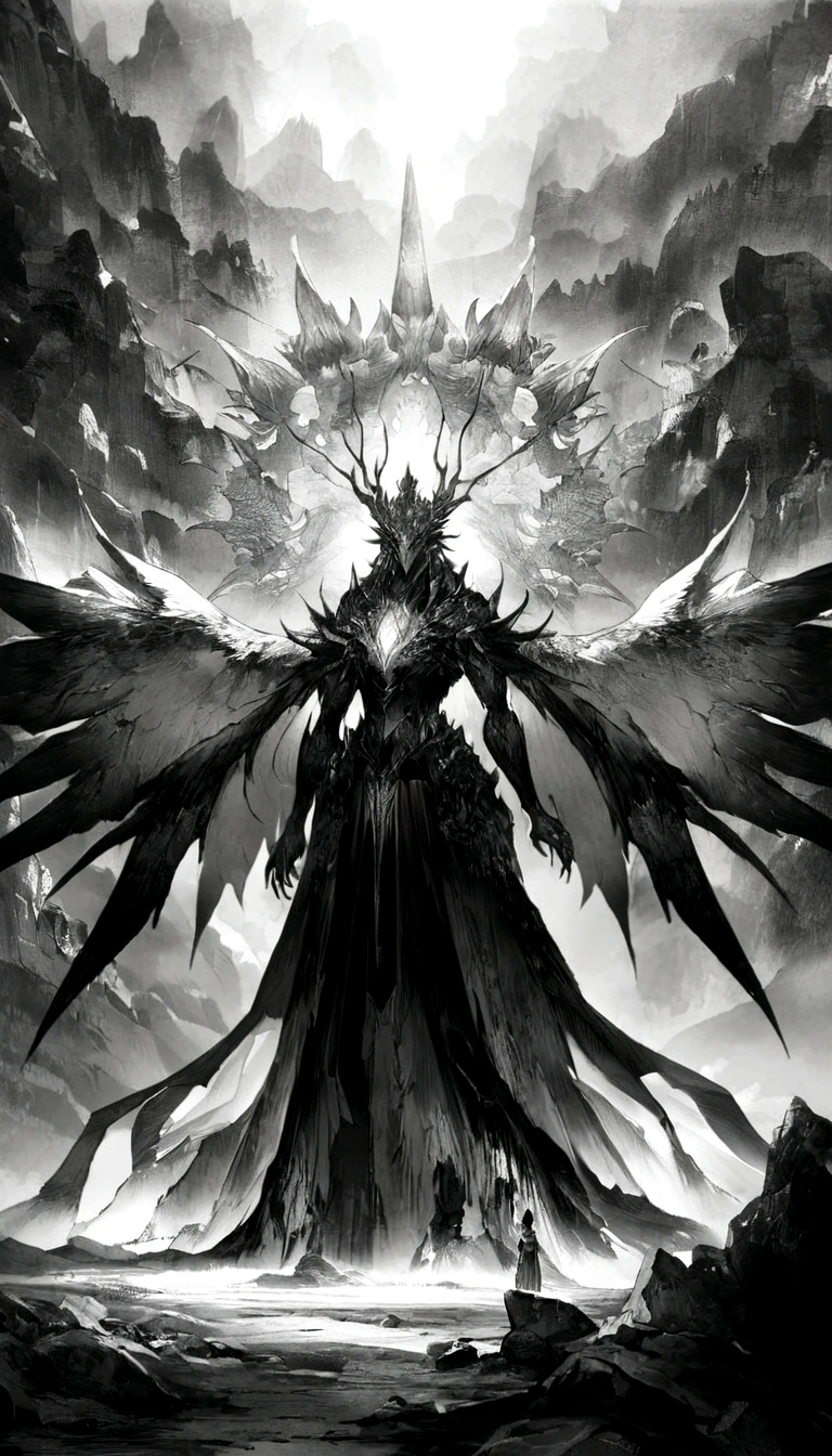 Chinese style，Medium shot scenes，A Taoist priest stood in front of a giant firebird with its wings spread，Reach out，Long, messy hair，Glow effect，Surreal，Ultra-photorealism，Chinese black and white ink style，Silver，Decolorization，Dirt，ink，8k，Ultra-fine，high quality，OC Renderer