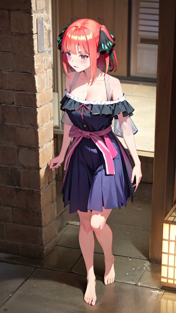 nino nakano, short hair, bangs, blue eyes, hair ornaments, Hair Ribbon, Pink Hair, blunt bangs, Both sides up, butterfly hair ornaments, skirt, Off the shoulder、Random color see-through kunoichi costume、Japanese see-through female samurai costume、See-through female ninja costume,, Open clothes, Collared dress emphasizes cleavage、胸の谷間のSweat is noticeable,, 満開のcherry blossoms、cherry blossoms、Open-air bath、Outdoor、Professional lighting light reflection、 looking at viewer, (masterpiece:1.2), Highest quality, High resolution, unity 8k wallpaper, (figure:0.8), (Beautiful fine details:1.6), Highly detailed face, Perfect lighting, Highly detailed CG, (Perfect hands, Perfect Anatomy),heavy rain、heavy rainで全身びしょ濡れ、heavy rainで全身びしょ濡れの服、High heels、 ((Perfect handsの形))、(Perfect foot shape、Embarrassed expression blushing、、Gestures to seduce a man、Obscene pose、Shining Sweat、Perfect Skin,Sweat is noticeable、太もものSweat is noticeable、、 Fair skin,Tight waist, Sweating profusely、Sweaty hair、Sweaty clothes、Sweaty、Visible sweat、rain-wet hair