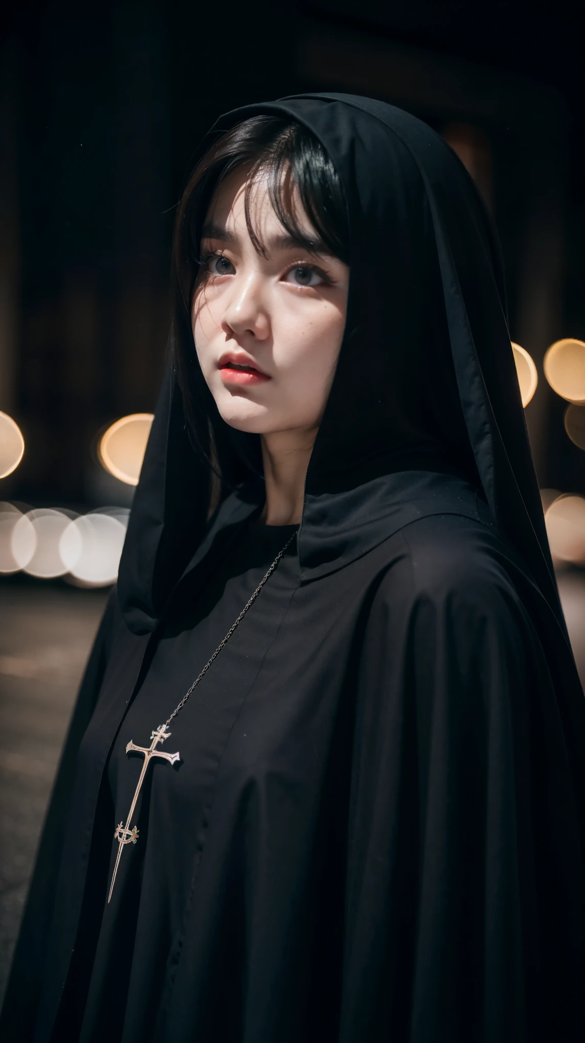 1 Same Girl , Perfect Beautiful , Baby Face , Korean 18 Years Old , Medium Hair , Black Gothic Nun Dress , Athletic Body , Extreme Detailed Portrait With Bokeh Effect , Realistic Lighting , Night Street View , Dark Vibe , Crowd , Gothic Makeup , Gothic Tattoo , Posing Like a Model , Look at Viewer