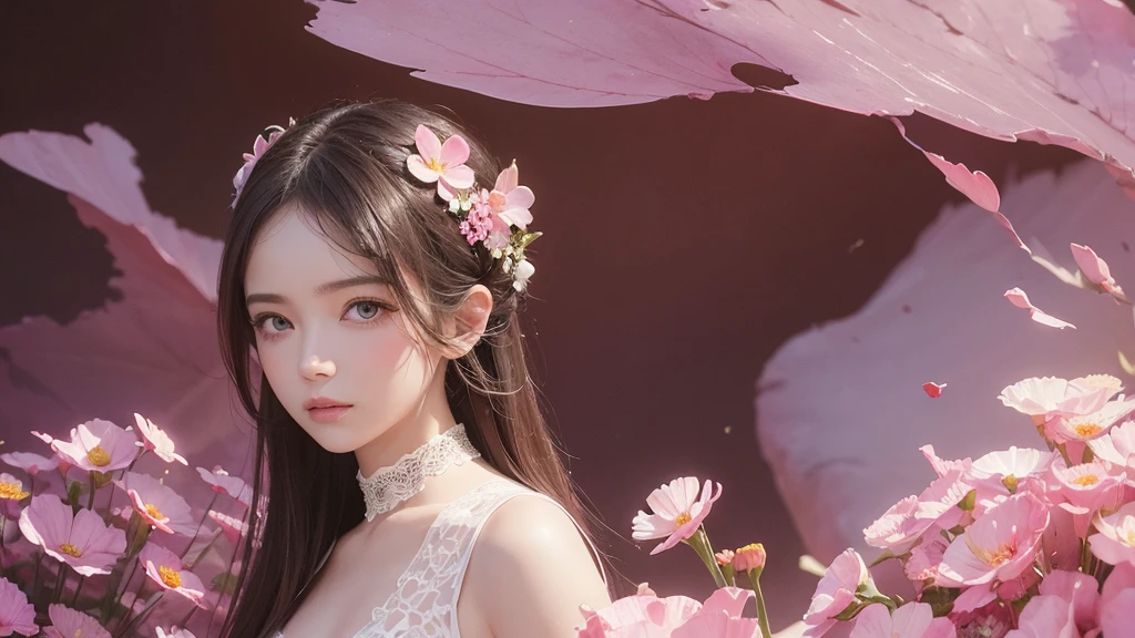 32k, Masterpiece, Highest quality, One girl, Detailed eyes, flower,Sandersonia, Pink and brown style,A dreamy, romantic piece,Pale pink, Mysterious Leaves,A playful arrangement,Fantasy,High Contrast,Ink strokes,explosion,Exposure, Impression of pink and brown tones,Abstract,((Watercolours by John Berkey and Jeremy Mann )) Brush strokes,Negative Space, Tyndall effect,