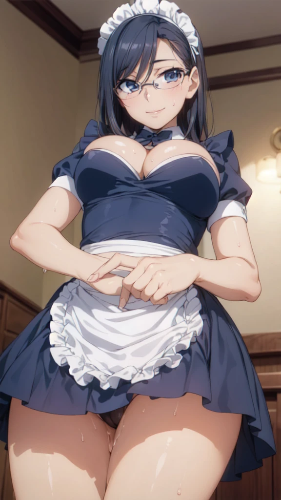 (from below:1.4),One girl,18-year-old,(Perfect hands:1.3), Perfect Fingers,Perfect Anatomy, (masterpiece:1.3), Highest quality,Realistic, hyperRealistic, 16K HDR, morning, short hair,(Beautiful female hands:1.3),Small hands,(Thin fingers:1.3), (Navy Blue Hair), blue eyes, Glasses,gl is es, ,Cafe,Are standing,(Sweat:1.3),(Smile:1.2),Big Breasts,Cleavage,(Sexy maid outfit,Headdress:1.2),Ultra mini skirt,Frills,Sexy maid outfit,