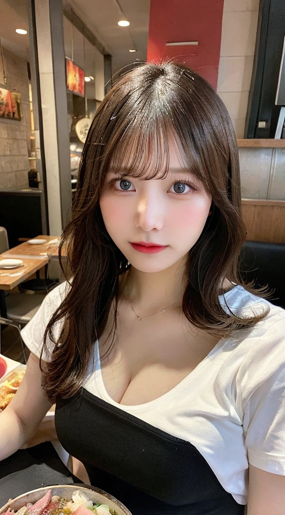 Tabletop, Highest quality, figure, Super detailed, In detail, High resolution, 8k wallpaper, Perfect dynamic composition, Beautiful fine details, Natural Lip, T-shirt , , Cleavage, Rxy poses, whole b,Eat at a yakiniku restaurant