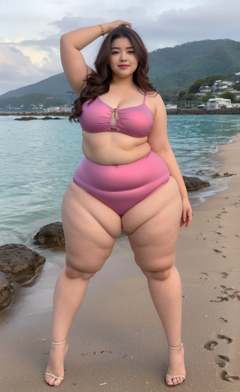 ((best quality)), ((masterpiece)), (detailed), perfect face, araffeTight skirtsShort , thicc, wavy short hair, she has a jiggly fat round belly, chan, wearing tight simple clothes, skinny waist and thick hips, widest hips, her belly is fat and round, soft curvy shape, hyperrealistic full figure, wearing a cute top, wide hips, Blue swimsuit,On the beach by the seaBlue