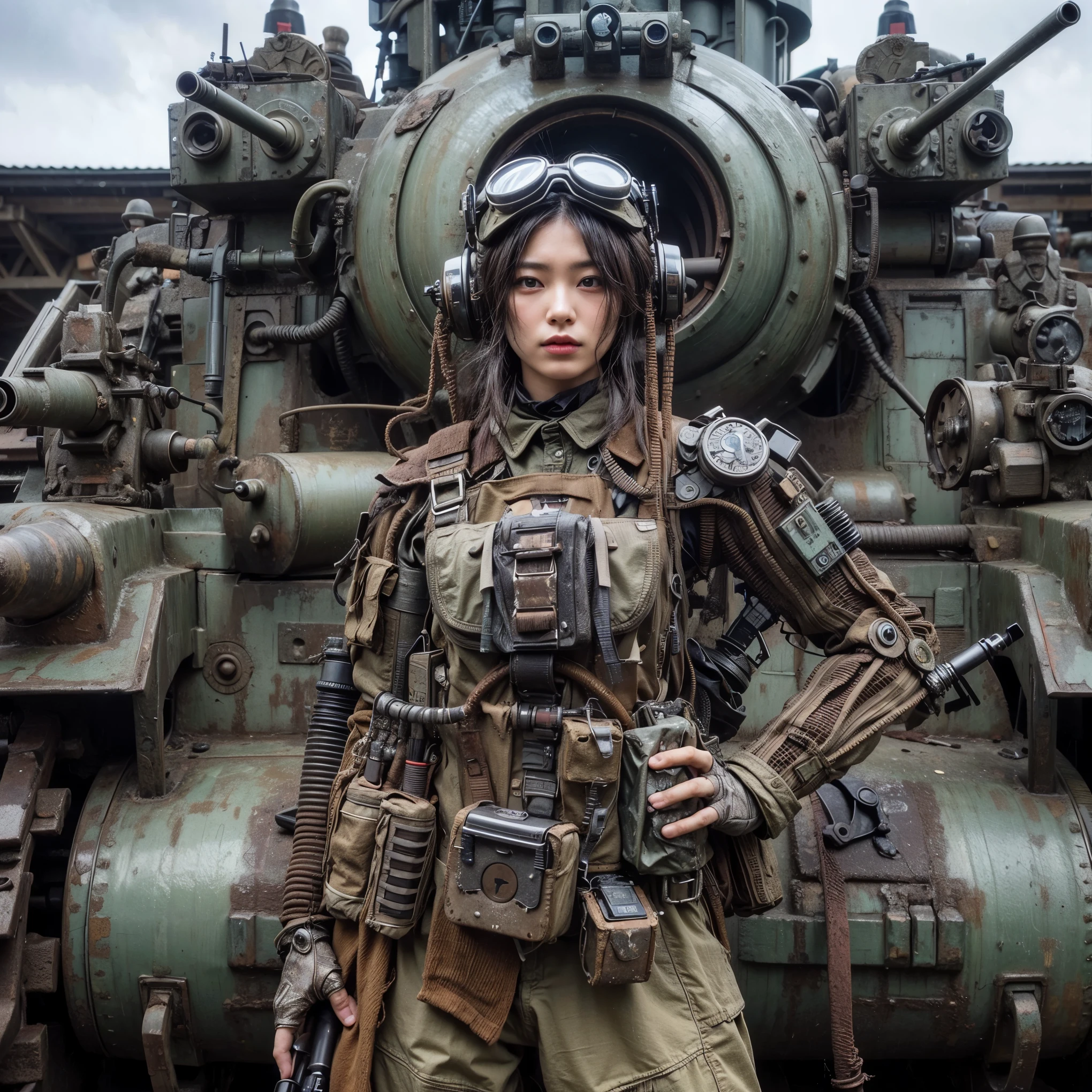 (masterpiece, best quality:1.2), (8k uhd, 16k, 32k, ultra high res), Steampunk, fictional WWII former Japanese Imperial Army armored car and cyborg Japanese female soldier, beautiful face, torn pants, dirty clothes, very intricate details, olive drab paint, peeling paint, weathering, fortress attack, realistic photo, taken with Fuji film X-T30+Nokton. HDR10