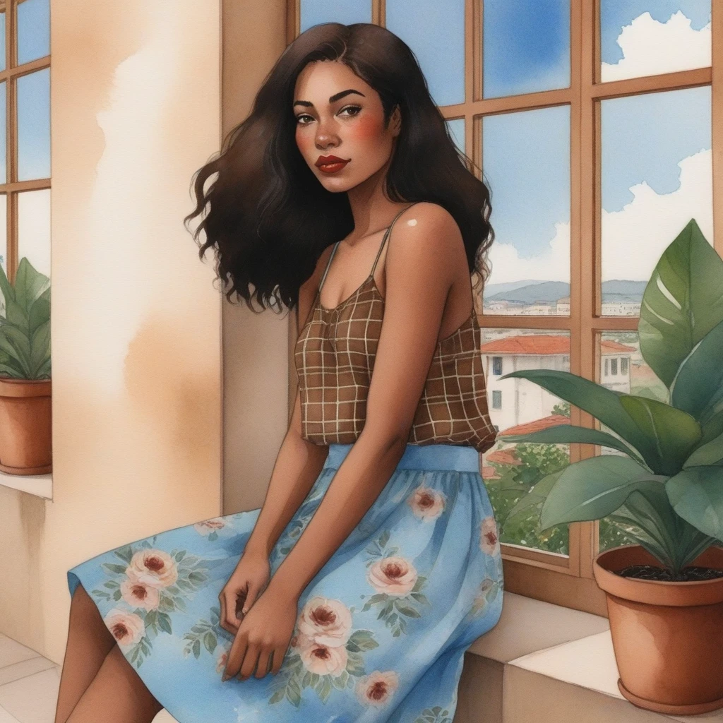 The watercolor, anime style, you asked for it, with the Brazilian woman of African ethnicity as the focal point of the scene. She sits with her back to us on a concrete porch, her arms resting on her knees and her straight brown hair falling around her shoulders. She wears a light blue blouse with thin straps and a floral skirt, her lips are a striking red and she wears black flip-flops. A brown plaid bag sits on the balcony, and the background has a beige wall with a window and potted plants by Daniela Uhlig