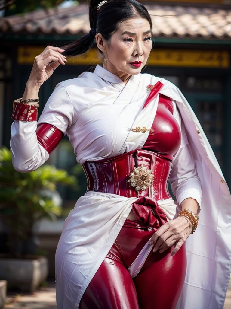 ((best quality)), ((Masterpiece)), (4k details), photorealism, head to knees, (((Old Asian woman))), ((Age 70)), Plump body, tight red latex leggings, white cotton dress shirt, purple leather waist corset, Big muscles, Twintail hairstyle, Eyes on the camera, red lips"