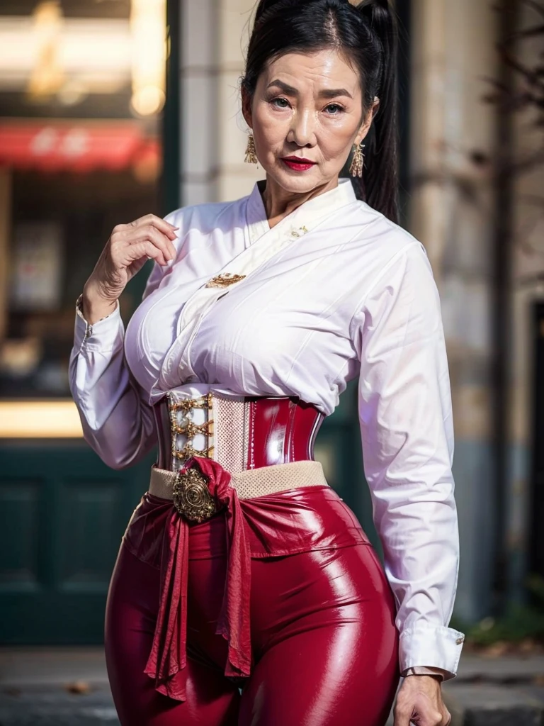 ((best quality)), ((Masterpiece)), (4k details), photorealism, head to knees, (((Old Asian woman))), ((Age 70)), Plump body, tight red latex leggings, white cotton dress shirt, purple leather waist corset, Big muscles, Twintail hairstyle, Eyes on the camera, red lips"