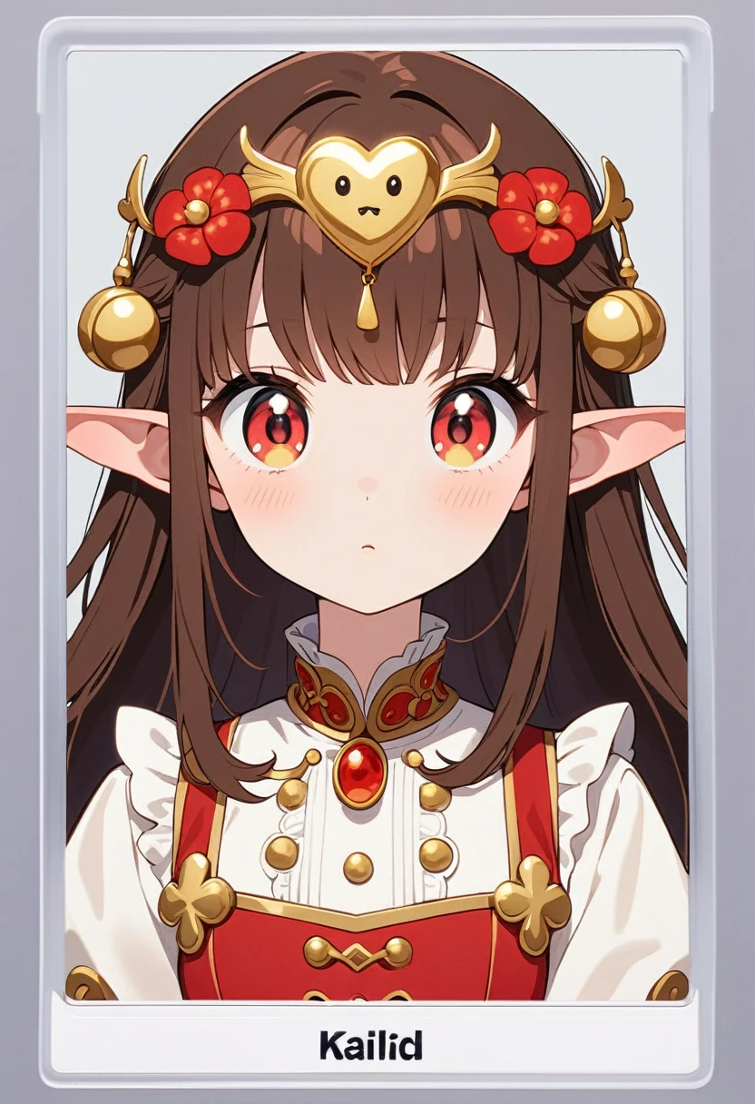 front，ID photo，An anime girl wearing a red skirt and black，She has brown hair and eyes。There are balls on both sides of the head，And wearing red flower ornaments on the ears。She wears a white blouse，It has gold buttons and pink cuffs.。Clean and tidy style