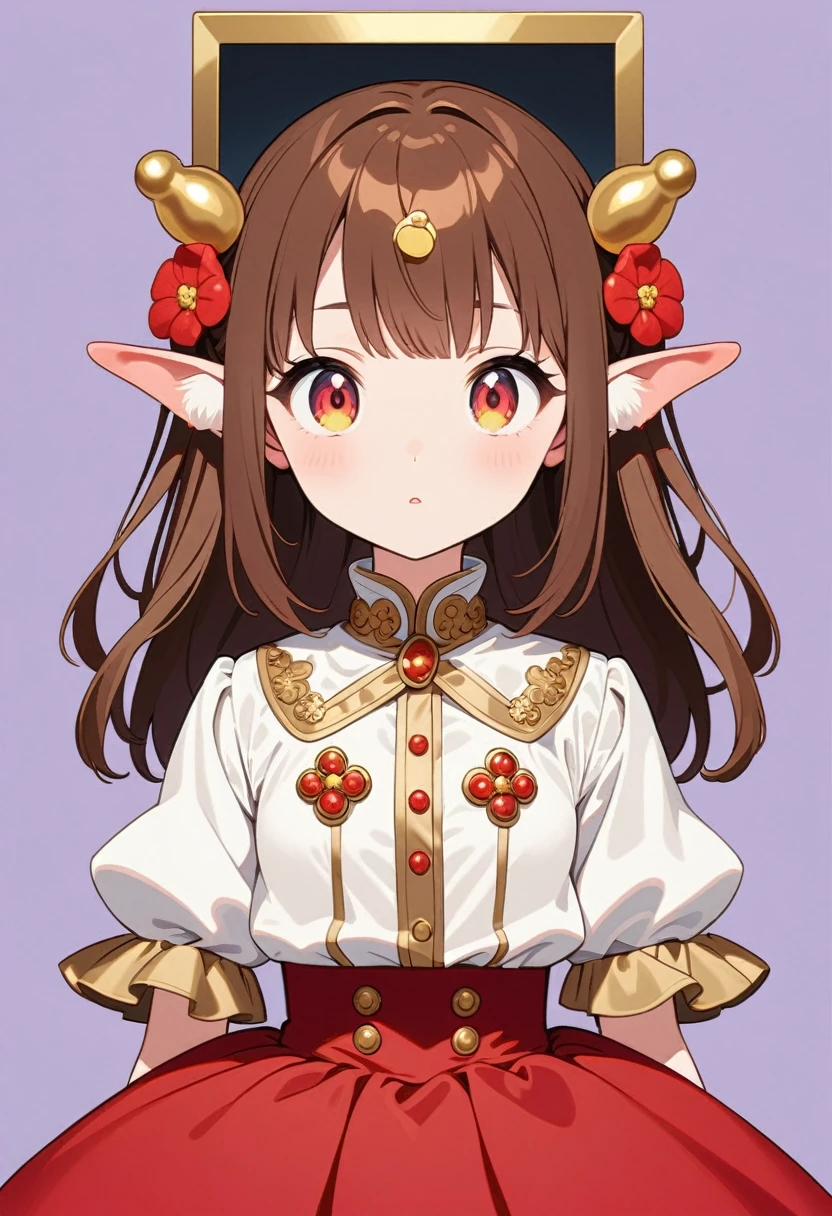 front，ID photo，An anime girl wearing a red skirt and black，She has brown hair and eyes。There are balls on both sides of the head，And wearing red flower ornaments on the ears。She wears a white blouse，It has gold buttons and pink cuffs.。Clean and tidy style