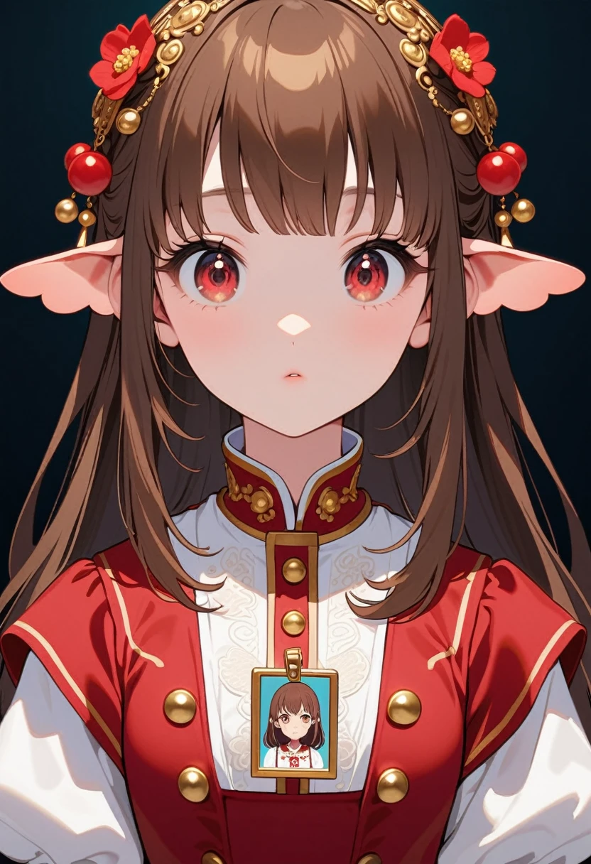 front，ID photo，An anime girl wearing a red skirt and black，She has brown hair and eyes。There are balls on both sides of the head，And wearing red flower ornaments on the ears。She wears a white blouse，It has gold buttons and pink cuffs.。Clean and tidy style