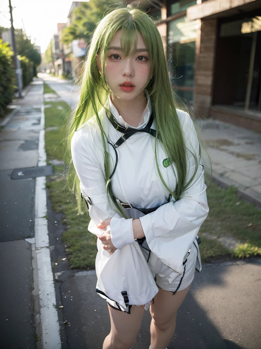 (masterpiece, best quality:1.4), (outside abandoned street, green plants background:1.2), (standing:1.2), (full body), (front shot), 1girl, solo, (european youth:1.5), (european:1.5), cosplay, realistic, green hair, long hair, straitjacket, (shining orange eyes:1.2), (ultra-detailed, best shadow, volumetric lighting), (beautiful detailed face, beautiful detailed eyes), very long hair, zipper, white straitjacket, beautiful face, highly detailed face, highly detailed skin, skin pores, subsurface scattering, medium breast, full face blush, full lips, detailed background, depth of field, volumetric lighting, sharp focus, absurdres, realistic proportions, good anatomy, (realistic, hyperrealistic:1.4), 16k hdr,