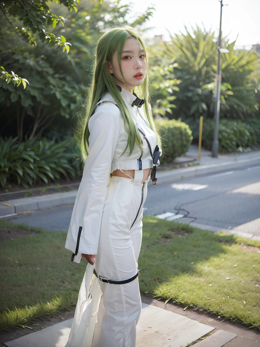(masterpiece, best quality:1.4), (outside abandoned street, green plants background:1.2), (standing:1.2), (full body), (front shot), 1girl, solo, (european youth:1.5), (european:1.5), cosplay, realistic, green hair, long hair, straitjacket, (shining orange eyes:1.2), (ultra-detailed, best shadow, volumetric lighting), (beautiful detailed face, beautiful detailed eyes), very long hair, zipper, white straitjacket, beautiful face, highly detailed face, highly detailed skin, skin pores, subsurface scattering, medium breast, full face blush, full lips, detailed background, depth of field, volumetric lighting, sharp focus, absurdres, realistic proportions, good anatomy, (realistic, hyperrealistic:1.4), 16k hdr,