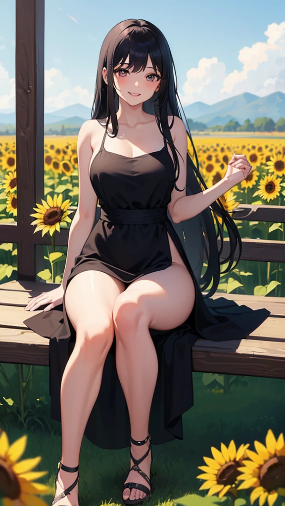 ((1 girl));((17 years old));((long black hair));((wears a simple peasant dress, from the times of the empires, composed and delicate));((her body is sculpted, provides medium breasts like the ass));((her white skin));((pink cheeks and lips));((detailed));((scenario :a sunflower field));((pose:sitting on a bench));((the wind carrying her hair));((she distractedly smiling like a child)) 