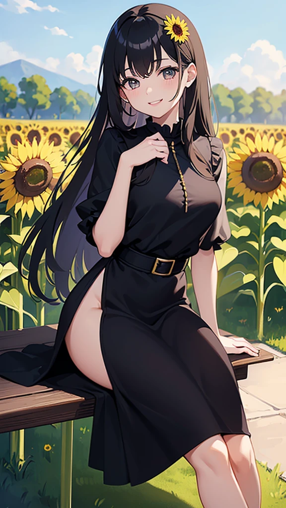((1 girl));((17 years old));((long black hair));((wears a simple peasant dress, from the times of the empires, composed and delicate));((her body is sculpted, provides medium breasts like the ass));((her white skin));((pink cheeks and lips));((detailed));((scenario :a sunflower field));((pose:sitting on a bench));((the wind carrying her hair));((she distractedly smiling like a child)) 