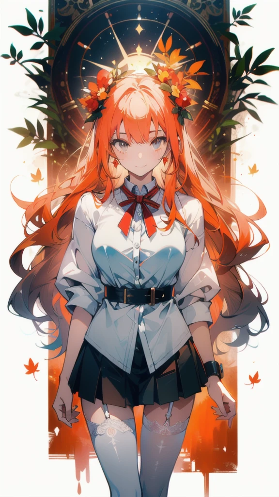 ((masterpiece, best quality)), Delicate face，student，Smiley Face，whole body，whole body立绘，Long legs，Large Breasts，JK dress up，shirt，Short skirt，Gradient long wavy hair，Perfect body proportions，Beautiful orange eyes，Extremely beautiful，transparent， Pure white background，Garden falling leaves，Sexy_Bikini，Lace，Garter stockings