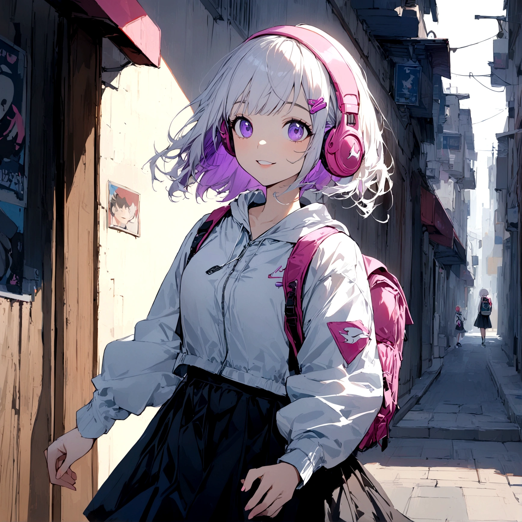 1girl, pink headphone over head, white hair,purple inner, purple eyes, bangs, short hair, front hair clips, left hairclips, white jacket, backpack, medium skirt, white Air jordan, street, sidewalk, smile, departed lips, beautiful, aesthetic, detailed, beautiful color amazing quality, best quality, high quality