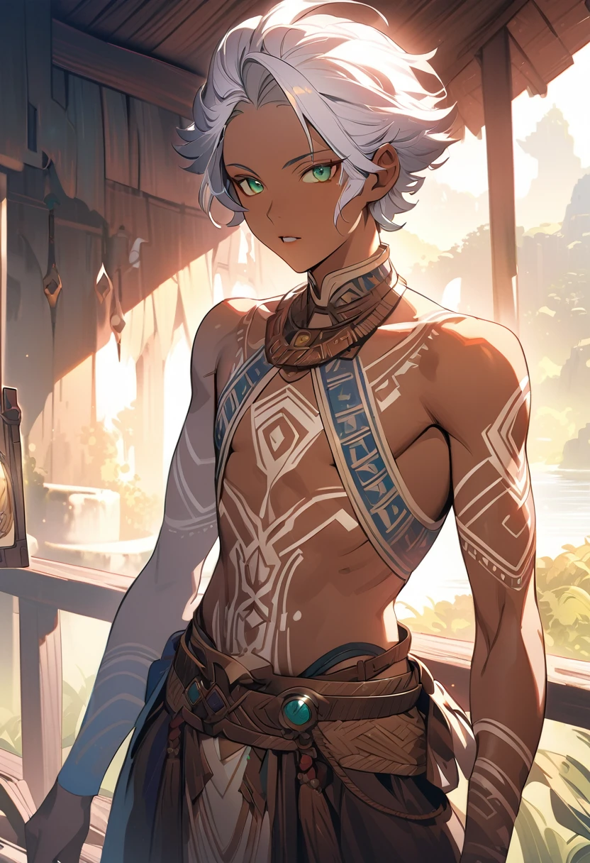 1boy, trap, wood elf, short white hair, green eyes, full lips, dark skin, white tribal tattoos, flat chest, thong, tribal bow, fantasy background, textured skin, UHD, UHD, UHD, UHD, award winning, high details, incredible high-key lighting and shadows, masterpiece, incredible illustration (anime style:1.5), modernism art, digital art pastel style