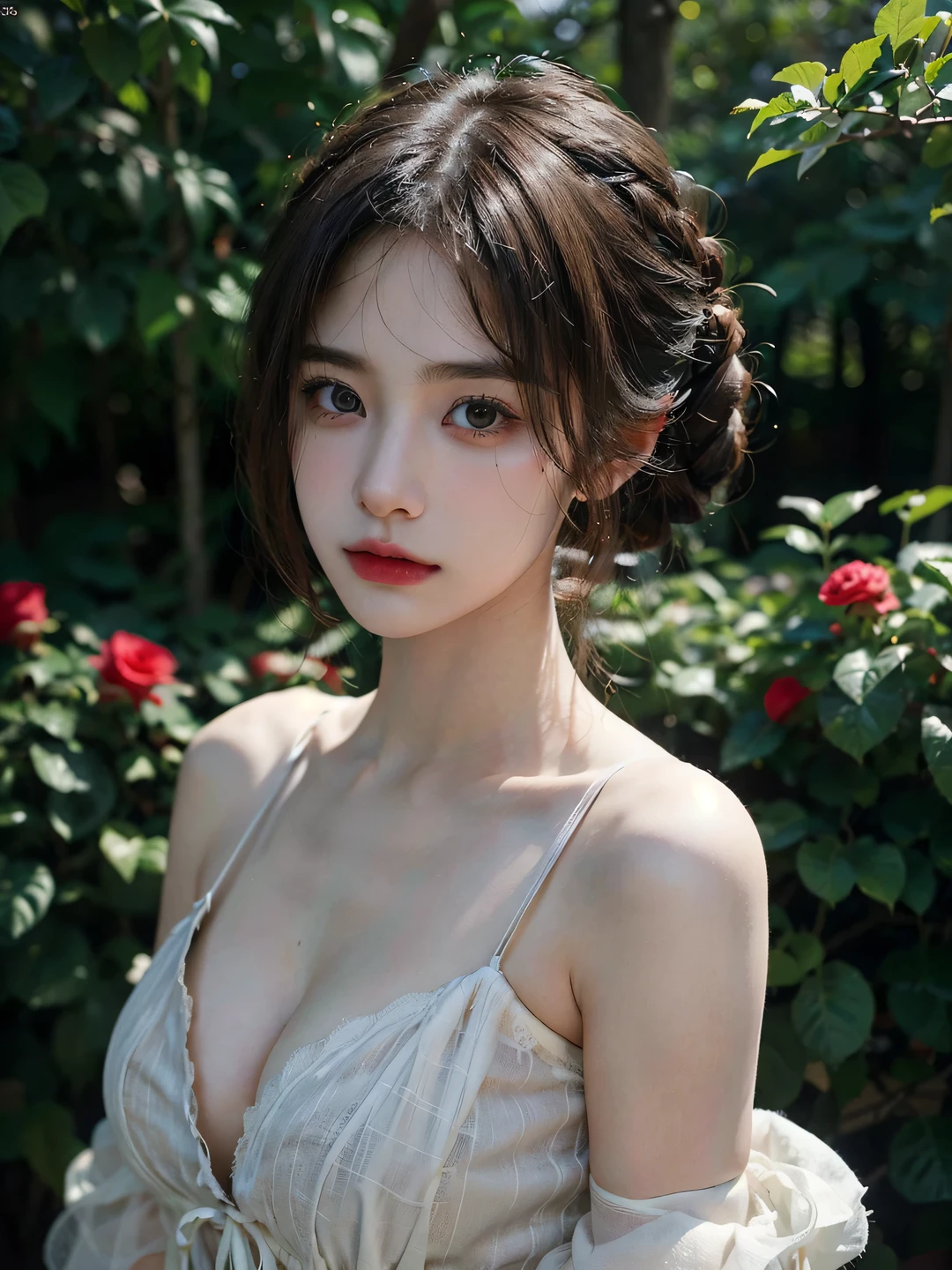 1girl, (looking at viewer:1.2), detail face, (a girl standing, rending on cgsociety, Rose bush backdrop), romanticism, atmospheric, (RAW photo, best quality), (realistic, photo-realistic:1.3), masterpiece, an extremely delicate and beautiful, extremely detailed, D cup,Cleavage,Translucent brown tube top 1.5)Hair in a bun,Exquisite eye details,