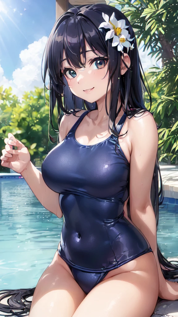 (Perfect hands, Perfect Anatomy:1.4), Satin Ruiko, alone,(Navy school swimsuit:1.5),(A neat figure,thin:1.4),(Hairstyle is a princess cut:1.5),(Black Hair:1.4), blue eyes, (Black Hairの:1.4),(Black Hairの:1.4),Long Hair,(Straight long hair:1.4), hair ornaments, (1 white flower decoration:1.4),(tsurime:1.4),(Sitting),(Broke up_lips:1.4),(Hime cut:1.4),(Large Breasts:1.4),(Put your hands behind your head:1.2), (Wicked Smile:1.4),20-year-old,(Wet:1.2),Sit on, (View your viewers:1.3),(View from below:1.3), (Pool,Poolサイドで:1.4),(Dazzling sunlight,summer:1.4)、 break (Hime cut:1.4),(masterpiece:1.5),(Extremely accurate details,Ultra-high resolution:1.4),Highly detailed CG Unity 8k wallpaper,(Realistic,Photorealistic,超Realisticな:1.5),(curve,model,Glamour:1.5),Beautiful breasts,color_aberration,Beautiful detailed shadows,Beautiful Eyes,Beautiful body,Beautiful Skin,Beautiful Hands,(Aesthetic Anime Eyes:1.4),(figure:0.8), (Beautiful attention to detail:1.4), Highly detailed face, Perfect lighting, Highly detailed CG, (Perfect hands, Perfect Anatomy:1.4),