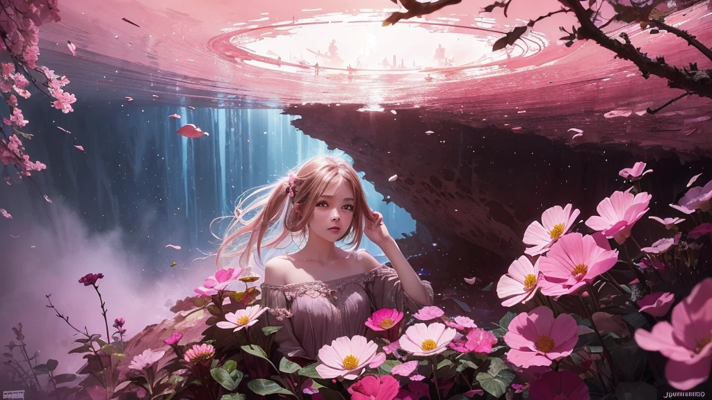 32k, Masterpiece, Highest quality, One girl, Detailed eyes, flower,Sandersonia, Pink and brown style,A dreamy, romantic piece,Pale pink, Mysterious Leaves,A playful arrangement,Fantasy,High Contrast,Ink strokes,explosion,Exposure, Impression of pink and brown tones,Abstract,((Watercolours by John Berkey and Jeremy Mann )) Brush strokes,Negative Space, Tyndall effect,