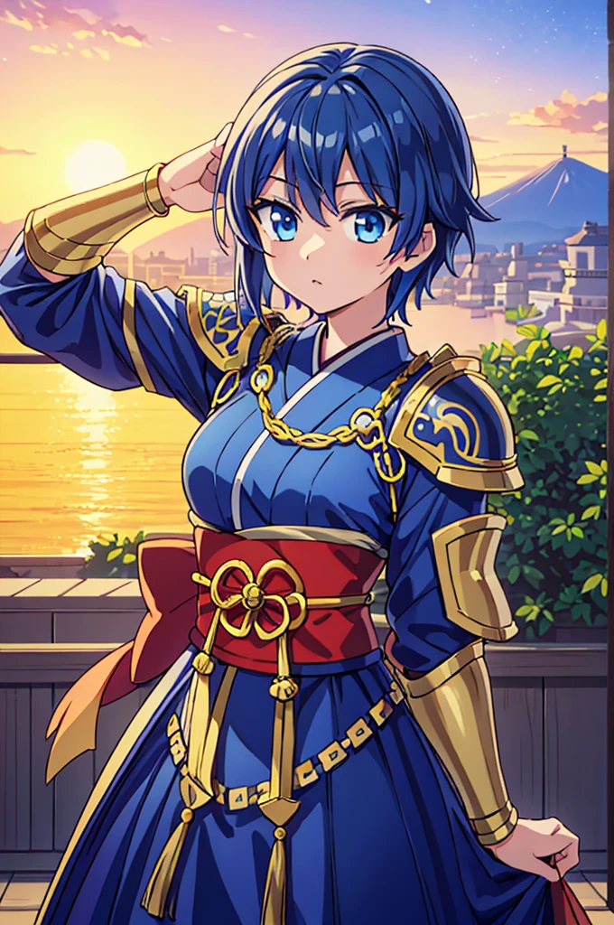 Highest quality, masterpiece, High resolution, alone, （Fire Emblem: Cecil），（Fire Emblem: Genealogy of the Holy War），Long sword，kimono，Great armor、Nothing，（Armor‗Japan），（Sword pose），（Jinhaori），Evening sky_background，Young Girl，Anime Style, Highest quality, 4k, masterpiece,， alone, 1,whole body，looking at the camera, Shinkai Makoto style, （blue_Hair Color）Sharp Eyes，（Full Finger）, （Accurate fingertips）, （The finer details）, （Anatomically correct）, (映画のbackground), Hyper Detail, (Subtle details), (Intricate details),