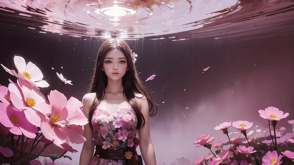 32k, Masterpiece, Highest quality, One girl, Detailed eyes, flower,Sandersonia, Pink and brown style,A dreamy, romantic piece,Pale pink, Mysterious Leaves,A playful arrangement,Fantasy,High Contrast,Ink strokes,explosion,Exposure, Impression of pink and brown tones,Abstract,((Watercolours by John Berkey and Jeremy Mann )) Brush strokes,Negative Space, Tyndall effect,