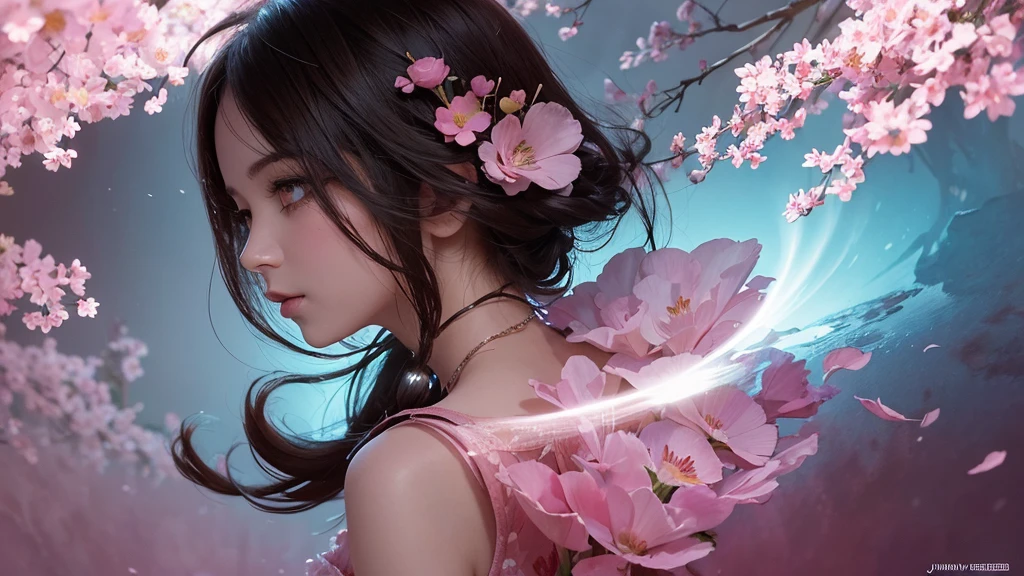 32k, Masterpiece, Highest quality, One girl, Detailed eyes, flower,Sandersonia, Pink and brown style,A dreamy, romantic piece,Pale pink, Mysterious Leaves,A playful arrangement,Fantasy,High Contrast,Ink strokes,explosion,Exposure, Impression of pink and brown tones,Abstract,((Watercolours by John Berkey and Jeremy Mann )) Brush strokes,Negative Space, Tyndall effect,