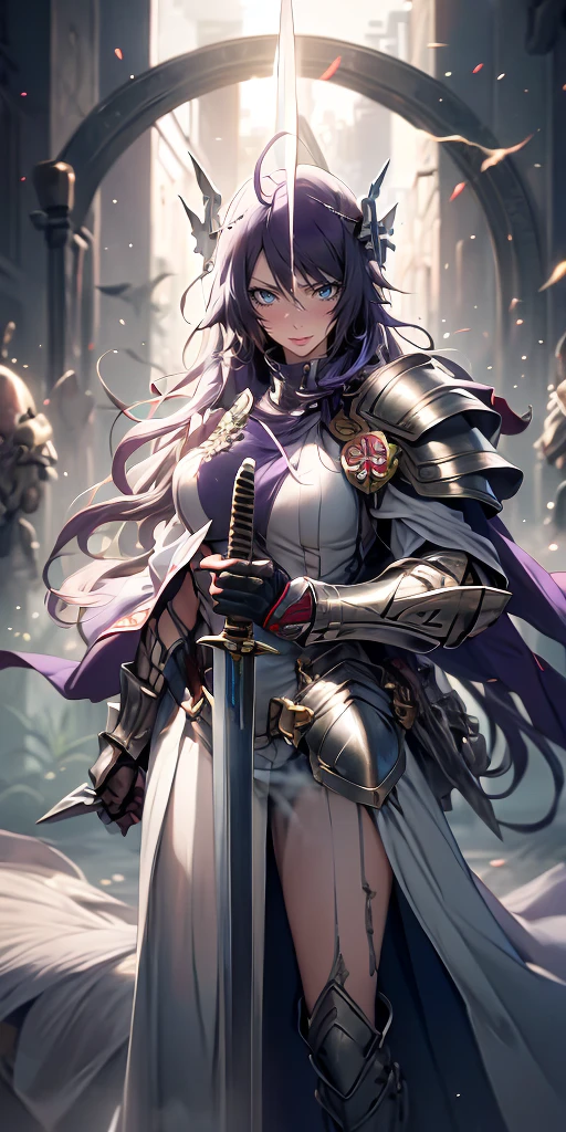 MC, ahoge, (long hari, purple hair:1.3), hair ornament, dark-blue eyes, anatomically correct, heavy breathing, mature female,solo, 1girl, holding, standing, weapon, female focus, sword, cape, holding weapon, armor, holding sword, shoulder armor, gauntlets, facing viewer, pauldrons, breastplate, planted, full armor, bokeh, backlighting, firefly, fireflies, hollow eyes, bright pupils, dark-blue eyes, looking at viewer. glowing eyes heavy breathing, seductive smile, (steaming face:1.3), blush face, lips,