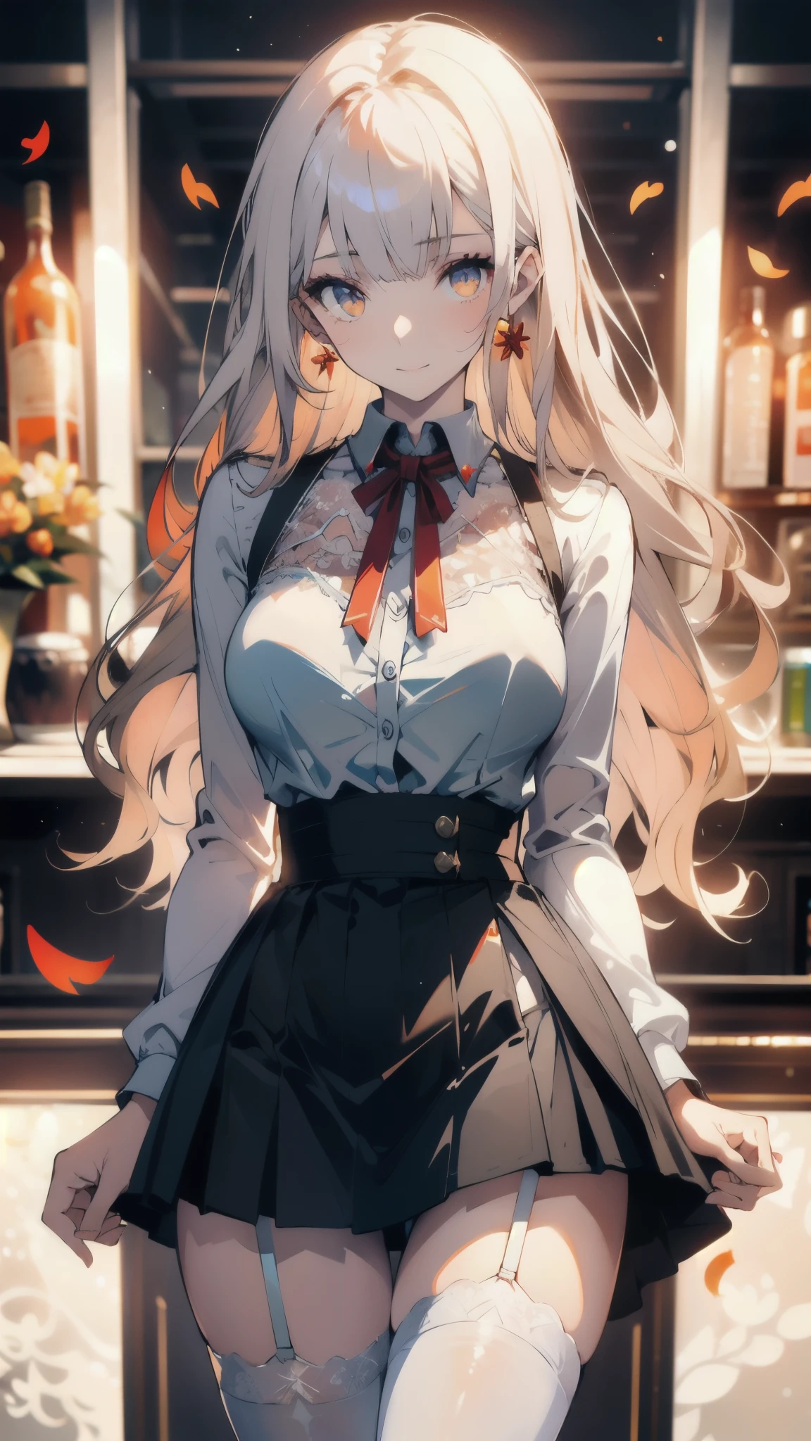 ((masterpiece, best quality)), Delicate face,student,Smiley Face,whole body,whole body立绘,Long legs,Large Breasts,JK dress up,shirt,Short skirt,Gradient long wavy hair,Perfect body proportions,Beautiful orange eyes,Extremely beautiful,transparent, Pure white background,Garden falling leaves,Sexy_Bikini,Lace,Garter stockings