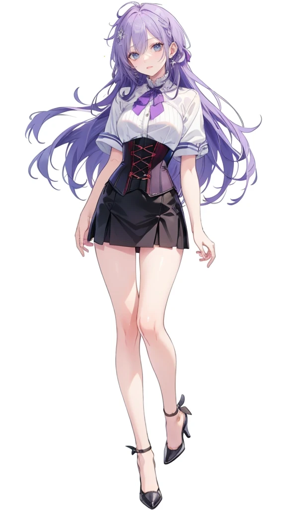 ((Perfect Face)),Purple Hair,Adult female,White shirt,((Shirt with rolled up sleeves)),(((Roll up your sleeves))),((corset)),short skirt,(High heels),((Simple White Background)),((full body)),((Full Body)),