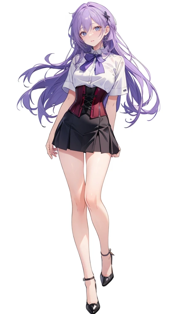 ((Perfect Face)),Purple Hair,Adult female,White shirt,((Shirt with rolled up sleeves)),(((Roll up your sleeves))),((corset)),short skirt,(High heels),((Simple White Background)),((full body)),((Full Body)),