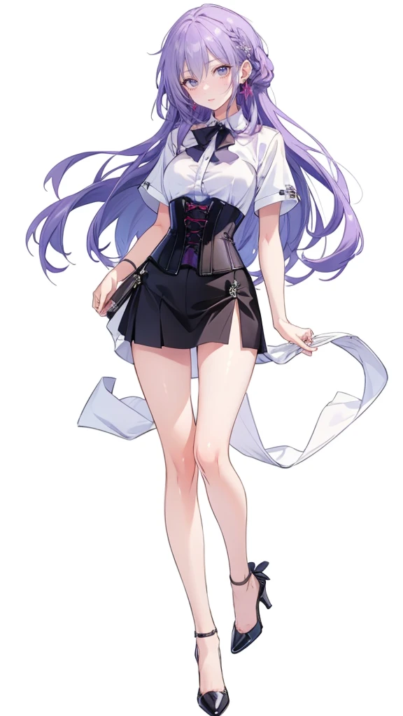 ((Perfect Face)),Purple Hair,Adult female,White shirt,((Shirt with rolled up sleeves)),(((Roll up your sleeves))),((corset)),short skirt,(High heels),((Simple White Background)),((full body)),((Full Body)),