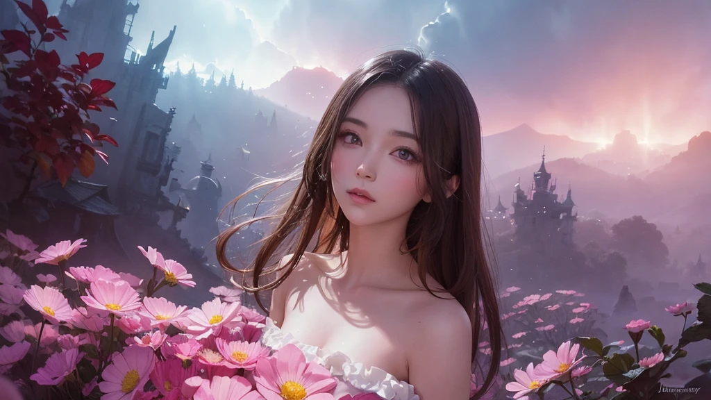 32k, Masterpiece, Highest quality, One girl, Detailed eyes, flower,Sandersonia, Pink and brown style,A dreamy, romantic piece,Pale pink, Mysterious Leaves,A playful arrangement,Fantasy,High Contrast,Ink strokes,explosion,Exposure, Impression of pink and brown tones,Abstract,((Watercolours by John Berkey and Jeremy Mann )) Brush strokes,Negative Space, Tyndall effect,