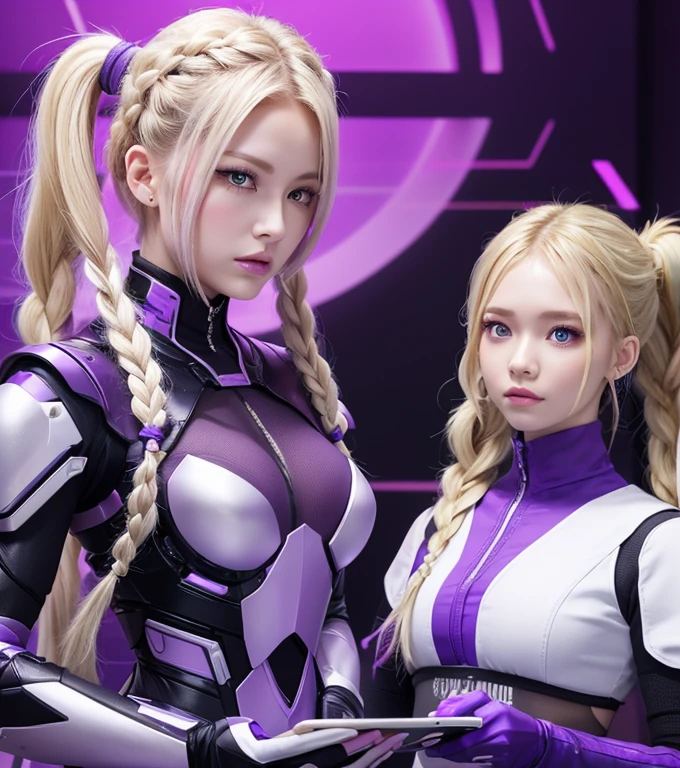 Highest quality, Super quality, 16K, Incredibly absurd, Very detailed, delicate and dynamic, A blonde female boss with a ponytail and a female cyber warrior communicating on a tablet screen, (With purple eyes、Low-set braided twin tails with white to purple gradation at the ends), Background Analysis Laboratory, Various image effects