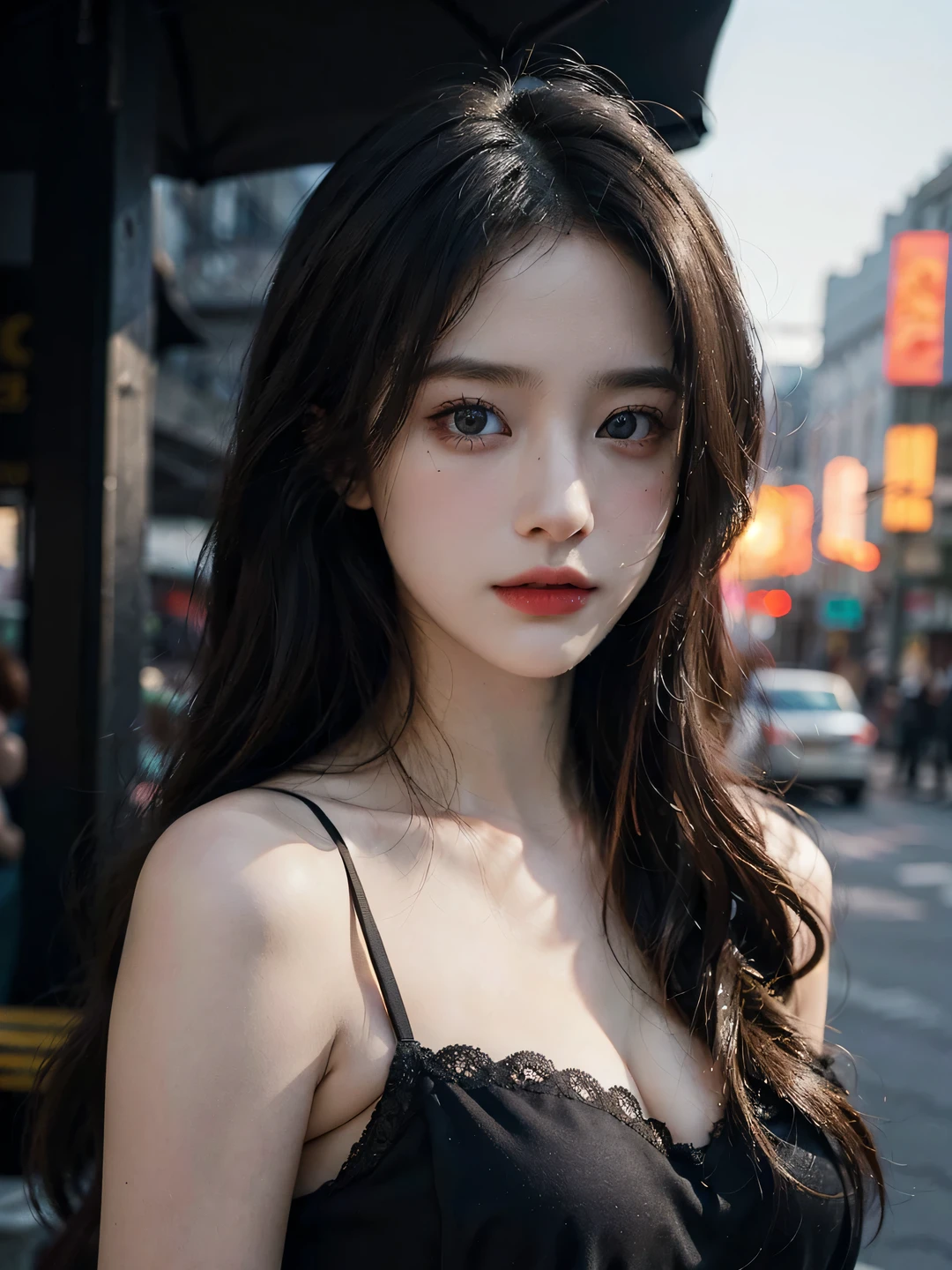 1girl, (looking at viewer:1.2), detail face, (a girl standing, rending on cgsociety, black shadows, streaming, new york backdrop), romanticism, atmospheric, (RAW photo, best quality), (realistic, photo-realistic:1.3), masterpiece, an extremely delicate and beautiful, extremely detailed, D cup,Cleavage,Translucent tube top1.5,Exquisite eye details,
