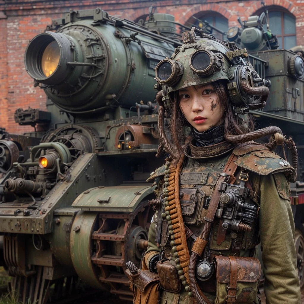 (masterpiece, best quality:1.2), (8k uhd, 16k, 32k, ultra high res), Steampunk, fictional WWII former Japanese Imperial Army armored car and cyborg Japanese female soldier, beautiful face, torn pants, dirty clothes, very intricate details, olive drab paint, peeling paint, weathering, fortress attack, realistic photo, taken with Fuji film X-T30+Nokton. HDR10
