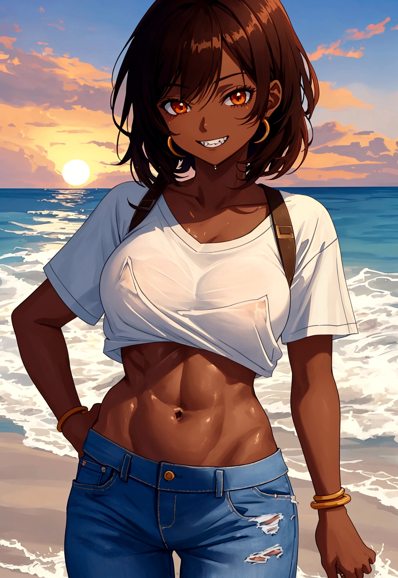 A cute tomboy girl with dark skin, medium breasts, strong abs, wearing a white shirt and jeans, smirking and showing sharp teeth, the shirt is soaked and revealing brown nipples, beach background with a orange sunset, highly detailed, anime style, 4k, best quality, masterpiece, 8k, ultra detailed anime, perfect anime style.