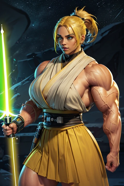 ((((Massive, tall, beautiful, buff, muscular light brown skinned female Jedi with yellow hair, black lipstick, ginormous bulky muscles, holding a lightsaber and wearing an all yellow Jedi outfit and pleated skirt)))), (close view), black eyeliner, massive muscles, massive biceps, hyper muscle triceps, (long flowing hair), gray eyes, Jedi boots, In space, Jedi outfit, nighttime, confident smile, hyper muscles arms, hyper muscle legs, (ginormous arms)
