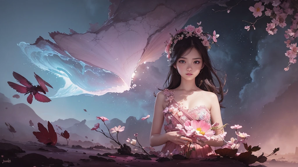 32k, Masterpiece, Highest quality, One girl, Detailed eyes, flower,Sandersonia, Pink and brown style,A dreamy, romantic piece,Pale pink, Mysterious Leaves,A playful arrangement,Fantasy,High Contrast,Ink strokes,explosion,Exposure, Impression of pink and brown tones,Abstract,((Watercolours by John Berkey and Jeremy Mann )) Brush strokes,Negative Space, Tyndall effect,