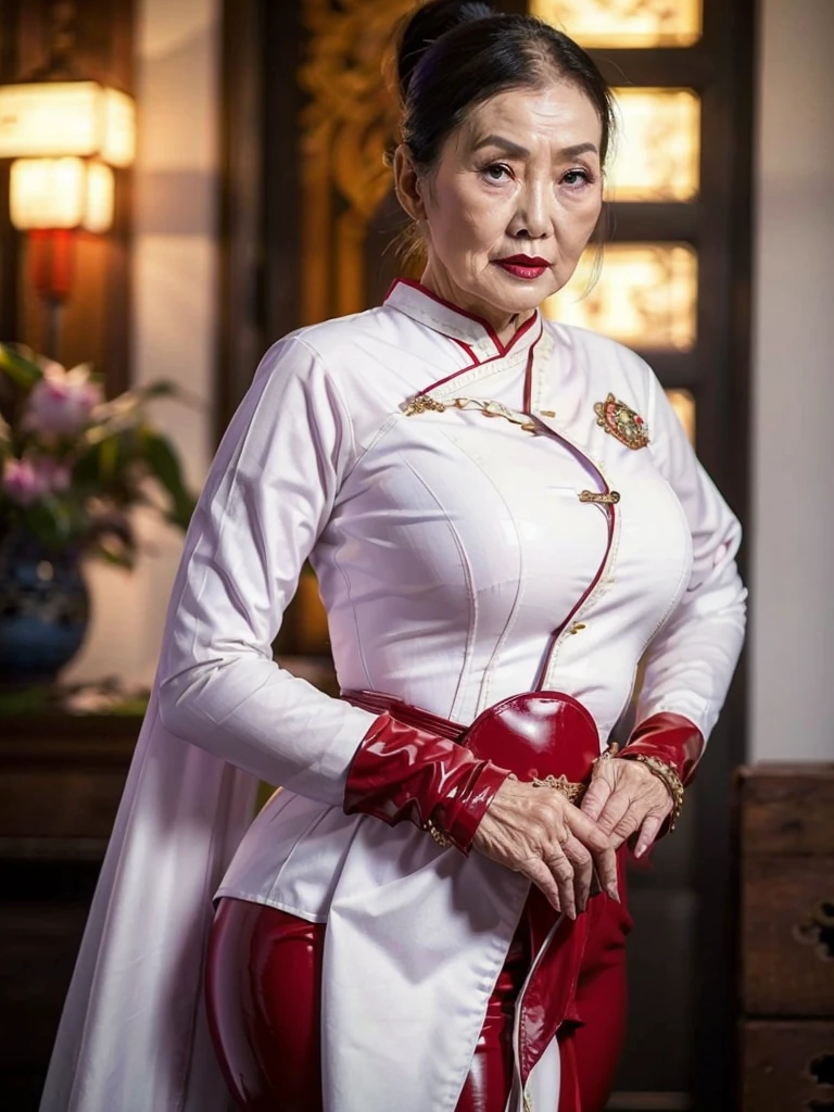 ((best quality)), ((Masterpiece)), (4k details), photorealism, head to knees, (((Old Asian woman))), ((Age 70)), Plump body, tight red latex leggings, white cotton dress shirt, purple leather waist corset, Big muscles, Twintail hairstyle, Eyes on the camera, red lips"