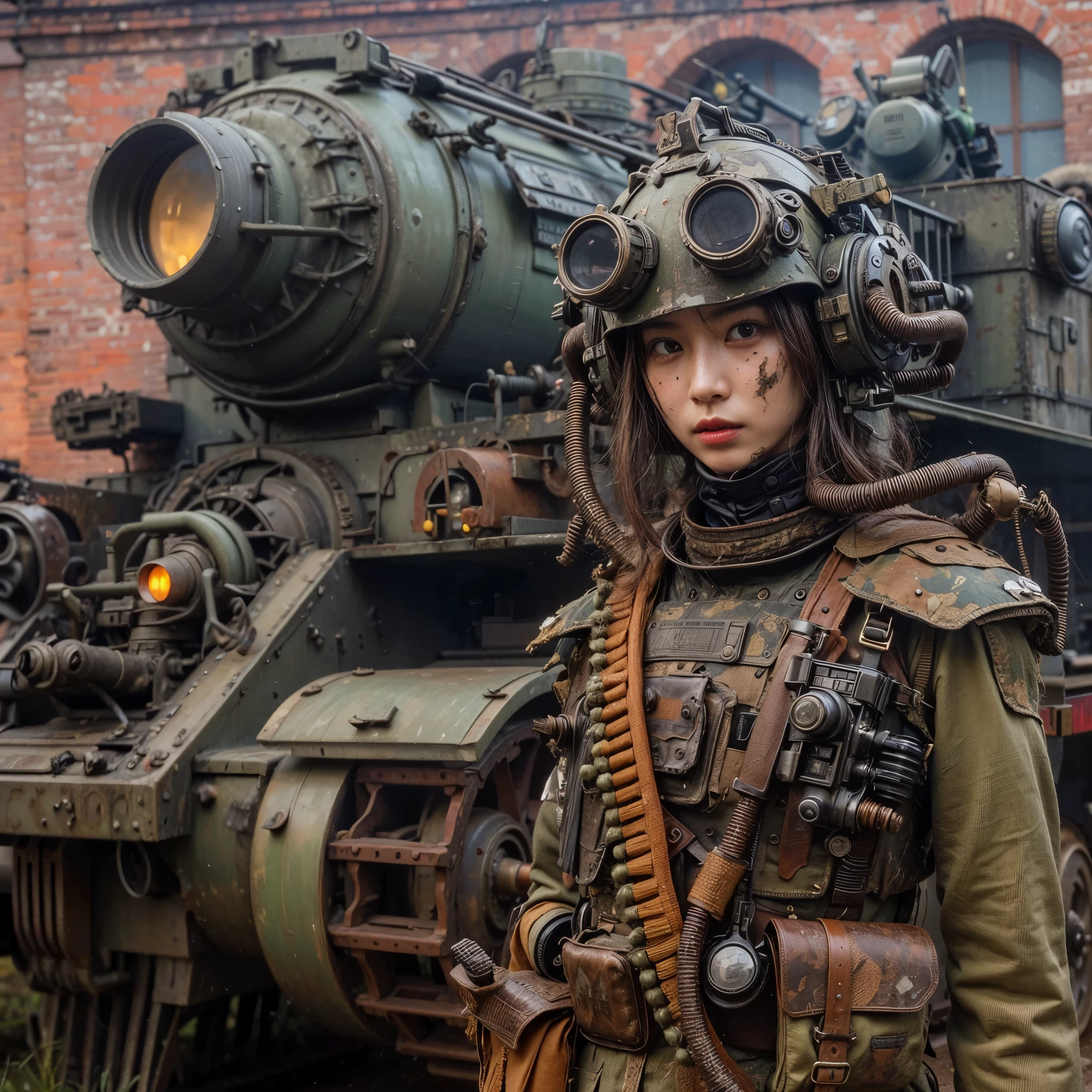 (masterpiece, best quality:1.2), (8k uhd, 16k, 32k, ultra high res), Steampunk, fictional WWII former Japanese Imperial Army armored car and cyborg Japanese female soldier, beautiful face, torn pants, dirty clothes, very intricate details, olive drab paint, peeling paint, weathering, fortress attack, realistic photo, taken with Fuji film X-T30+Nokton. HDR10