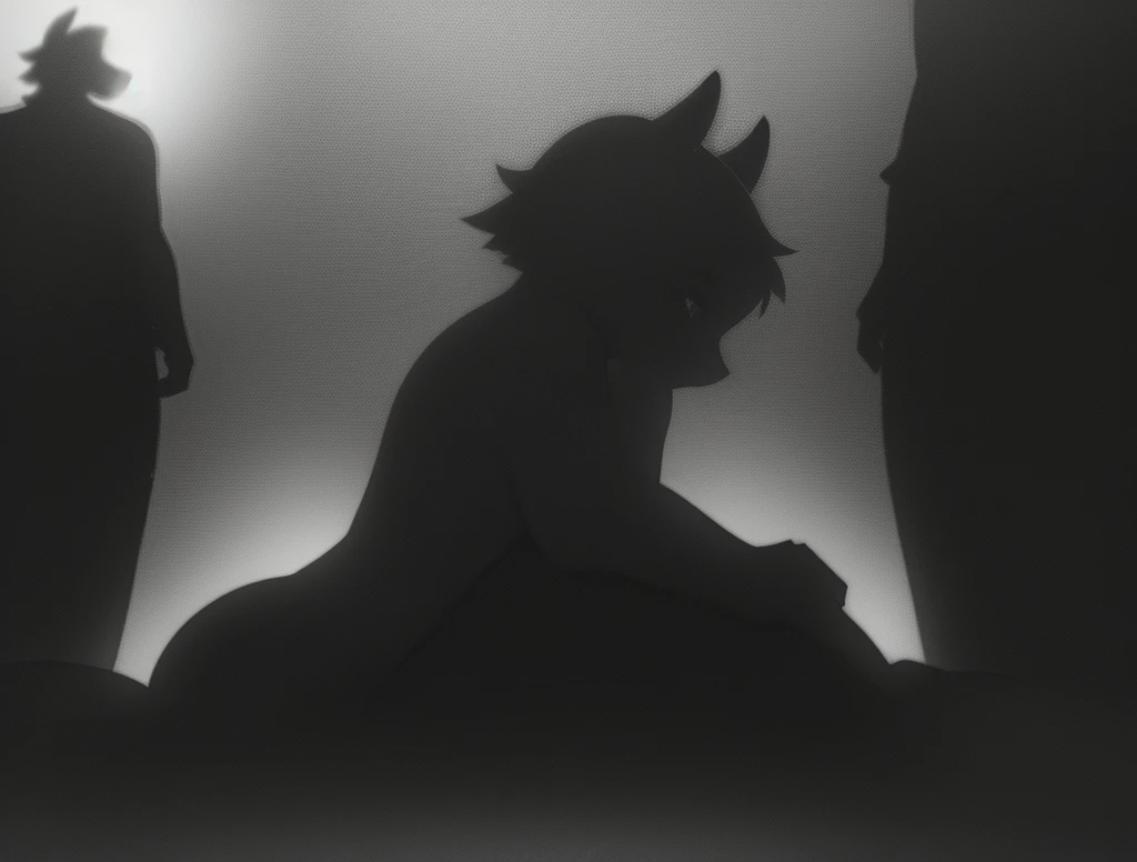 Hallucination, daydream , Insane Dream , bokeh , (old monochrome negative film) , (High contrast:1.2), (Silhouette Romance) , Kama Sutra , stand up male and all fours female , (cum shot silhouette:0.6) , (silhouette:1.3) , (soft focus) , Shadow play