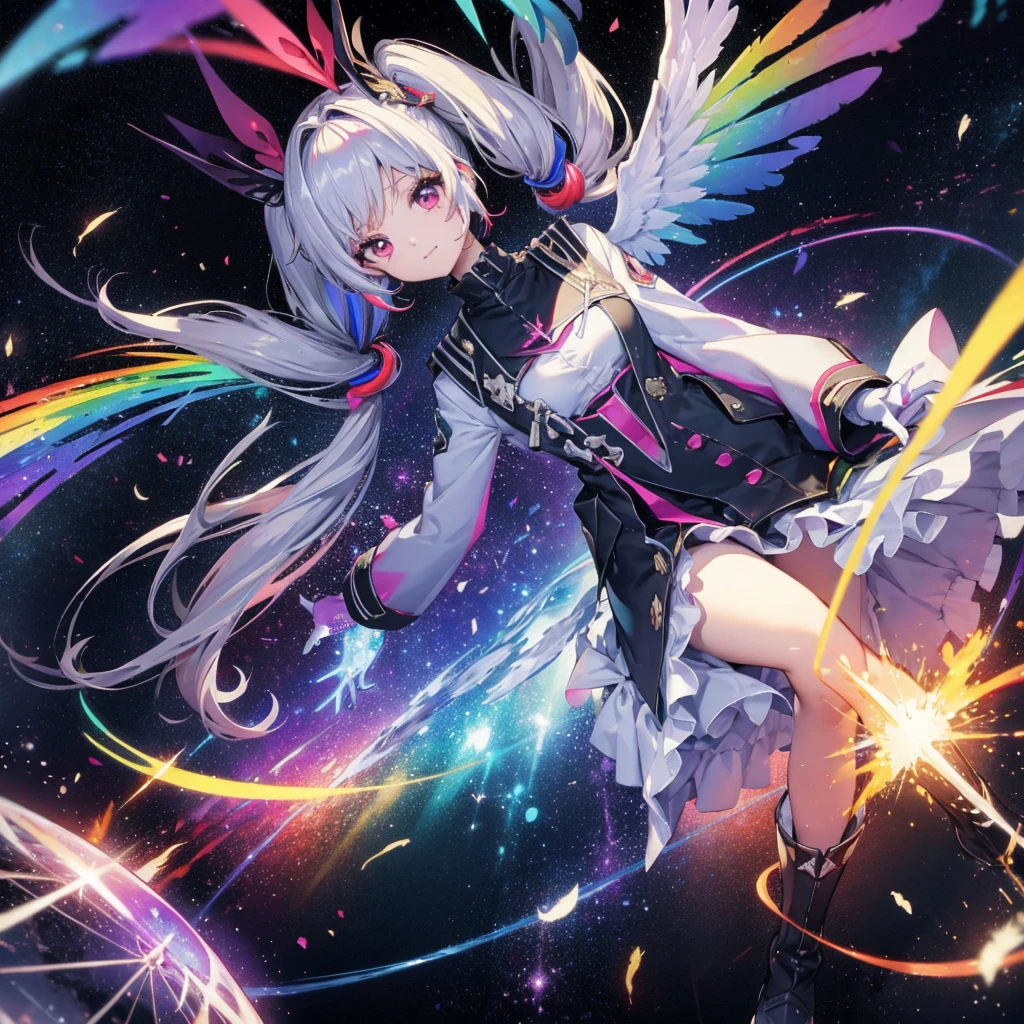 ((Archangel Fantasy Rainbow Hair Make your hair rainbow-colored on the inside Twin tails Dull red eyes Has a galaxy uniform Put on a coat without putting your arms through it Wings many times larger than mine rainbow gradient feathers Lonely Smiling Kindly front)) ((tears gloves)) (Broken glass Rolling Pebbles Distorted Space-Time star) Catch the wind milky way Shining Background Particles of light, rainbow colored edges Shining Edge star