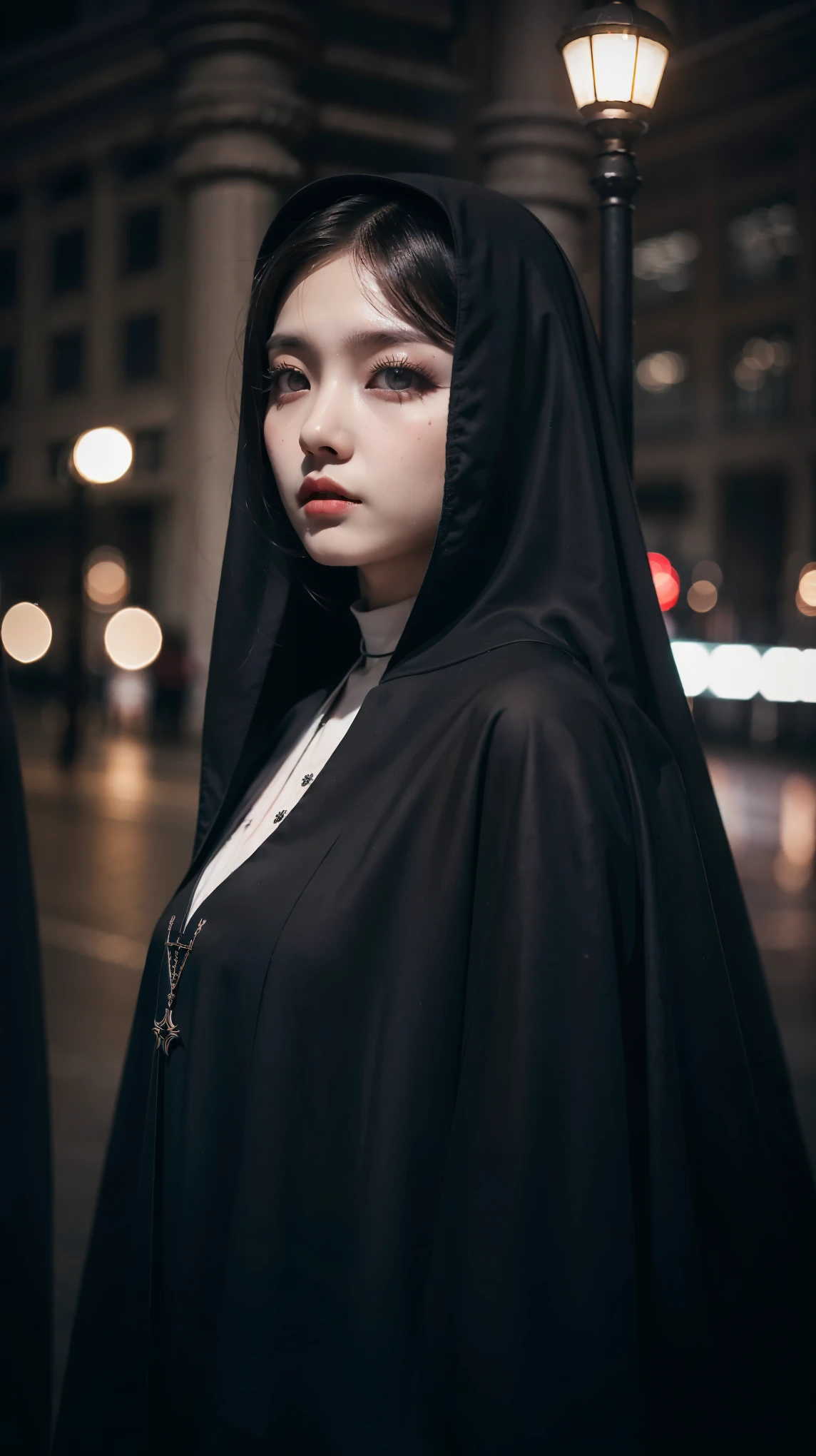 1 Same Girl , Perfect Beautiful ,  , Korean 18 Years Old , Medium Hair , Black Gothic Nun Dress , Athletic Body , Extreme Detailed Portrait With Bokeh Effect , Realistic Lighting , Night Street View , Dark Vibe , Crowd , Gothic Makeup , Gothic Tattoo , Posing Like a Model , Look at Viewer