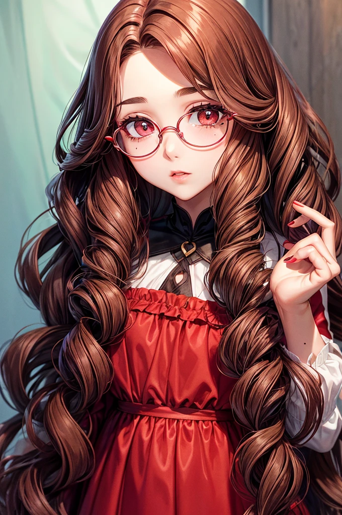 She has red waist length wavy hair,eyes dark as chocolate with a small mole under her left eye and long curly lashes that will always hidden by her big glasses,small but tall nose and pinkish heart shape lip,and a small oval face shape